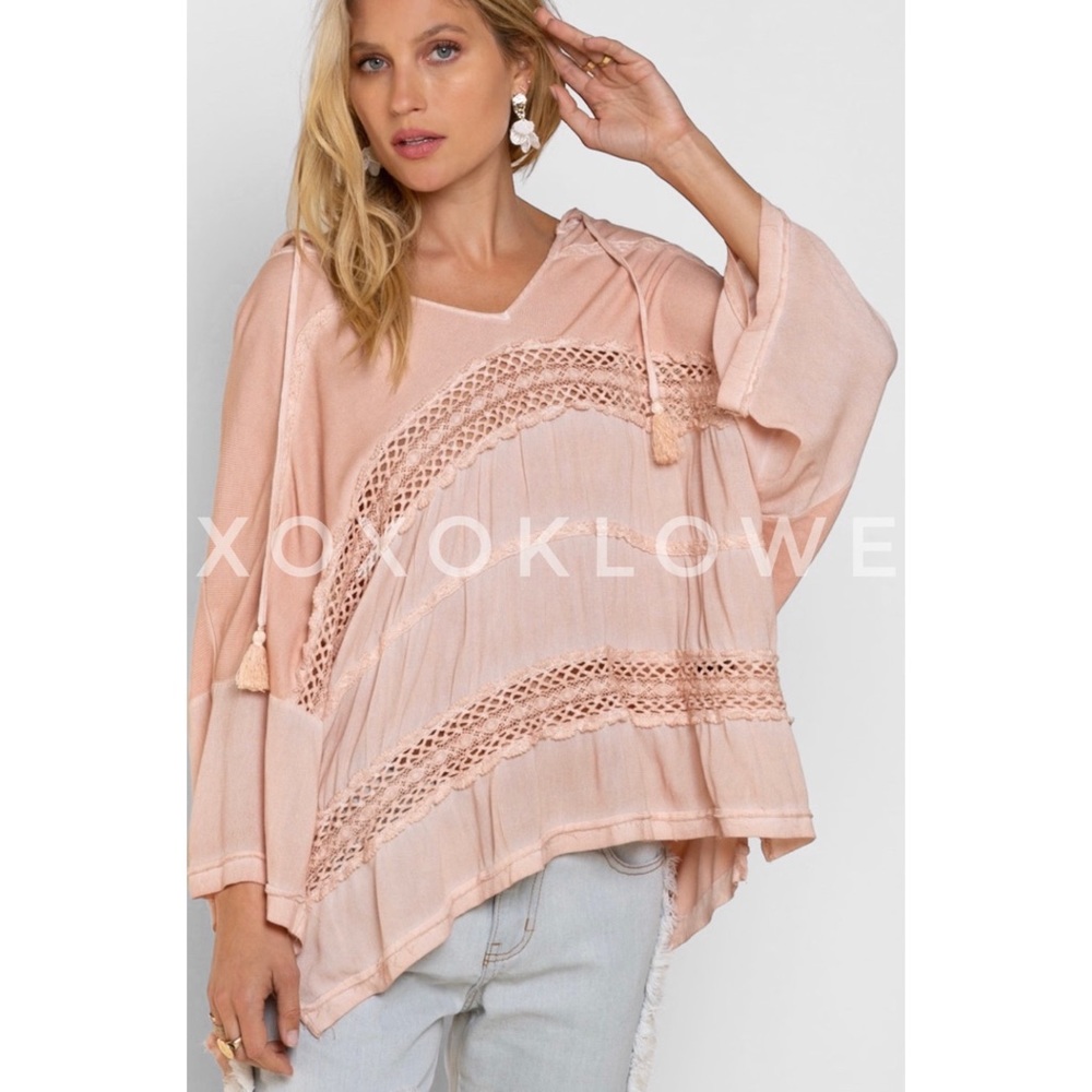 POL Washed Pink Rayon & Lace Oversized Hoodie Top - Picture 1 of 10